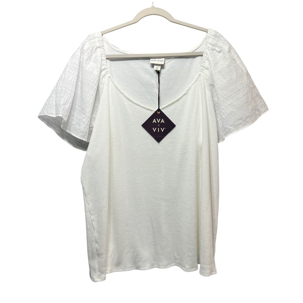 AVA & VIV‎ White Ribbed Knit Top 3X Flutter Sleeve Square Neck Blouse NWT